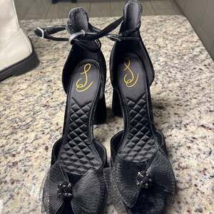 Sam Edelman Colter Black Velvet Ankle Strap Block Heel Pumps